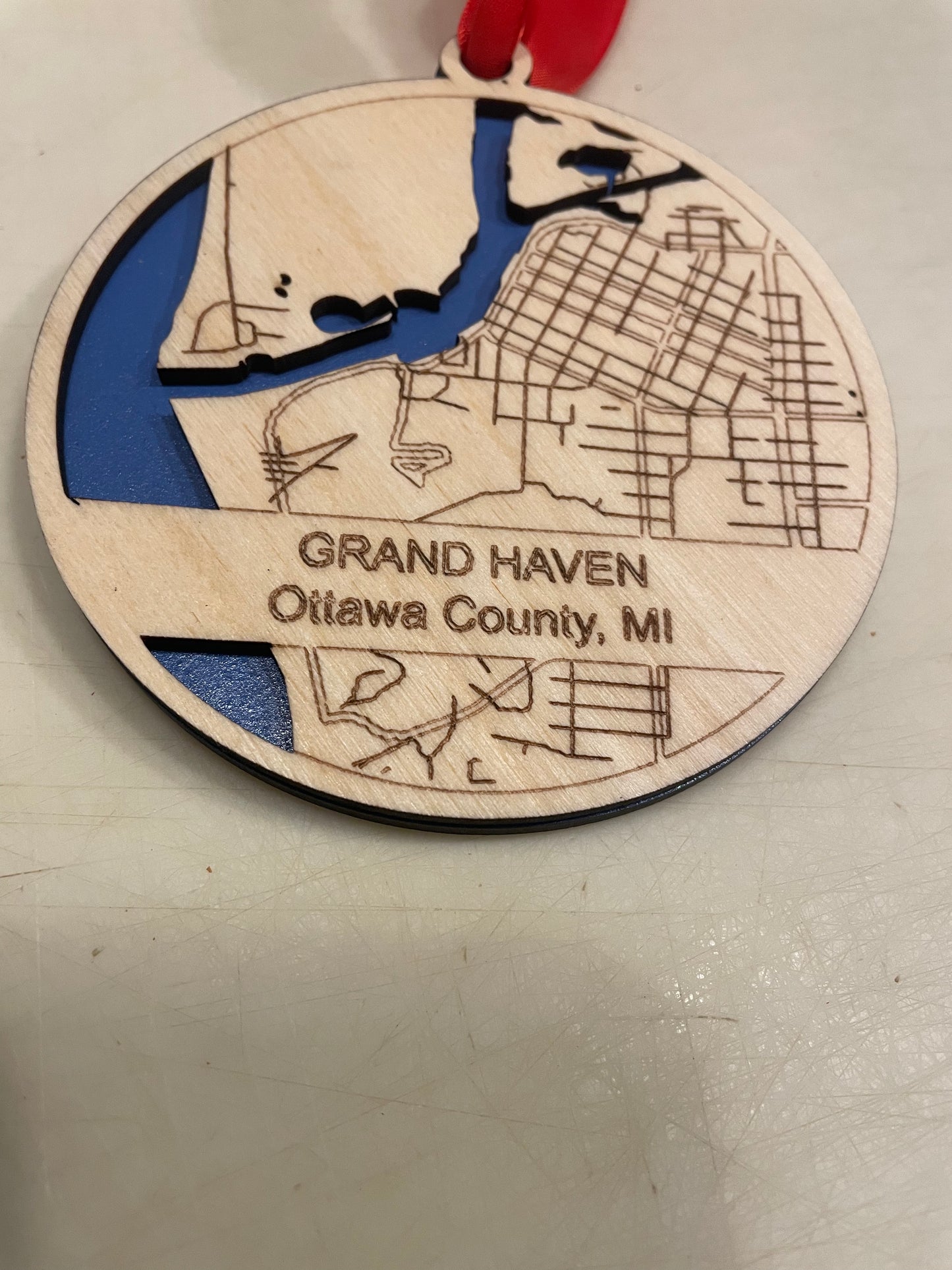 Grand Haven, Michigan 3D Laser-Cut Channel Map Ornament | 4" Wood Ornament