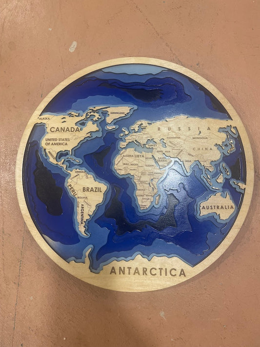 3D Wood World Map | Round Laser-Cut Multi-Layer Ocean Bathymetric Wall Art
