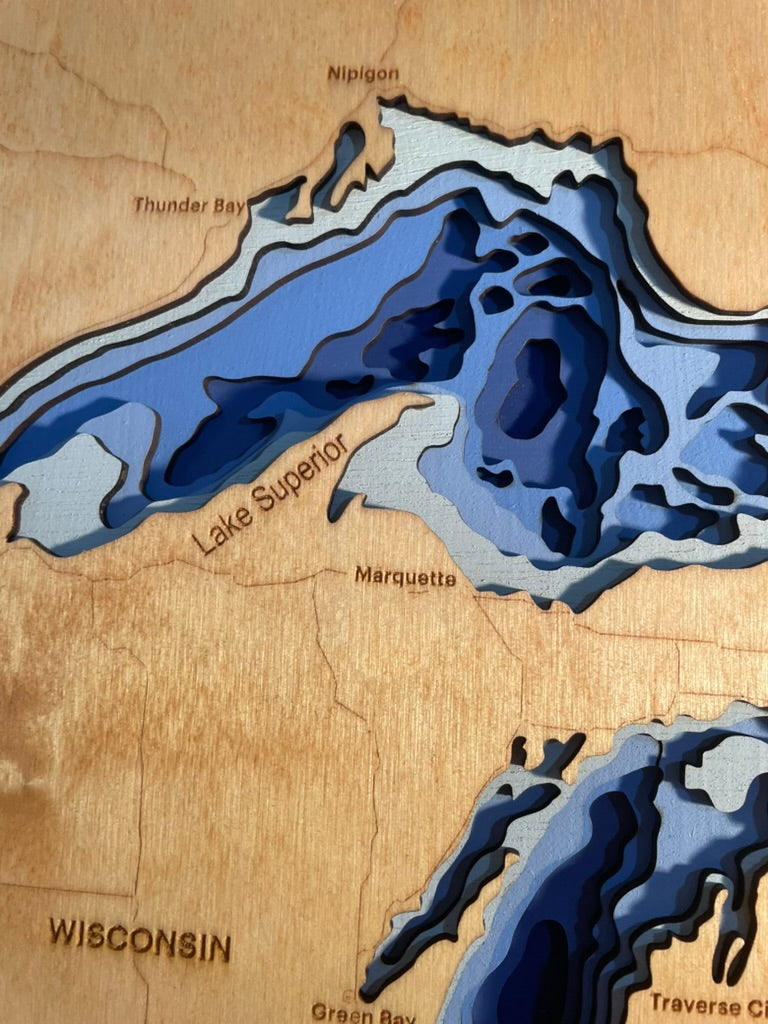 Great Lakes 3D Wood Depth Map | 15" x 18" Framed 6-Layer Bathymetric Art