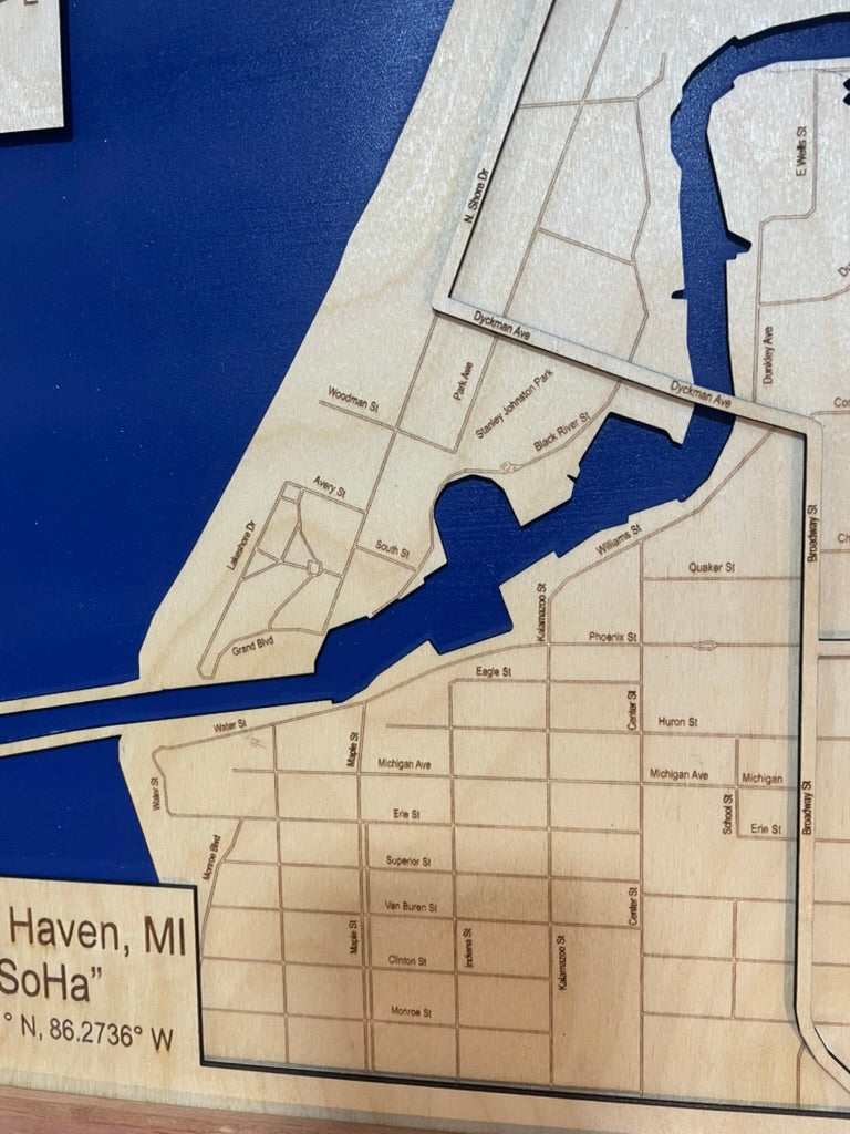 South Haven, Michigan 3D Wood Map | 15" x 15" Framed River Channel & City Street Grid Art