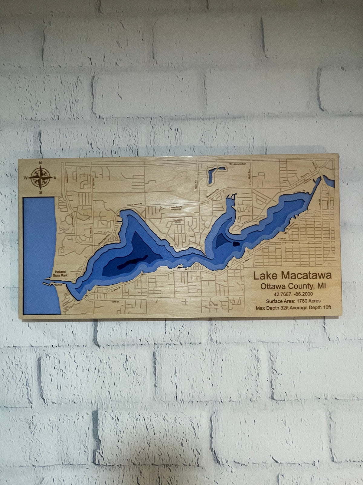 Lake Macatawa, Holland MI 3D Wood Depth Map | 12" x 22" Framed 5-Layer Bathymetric Art