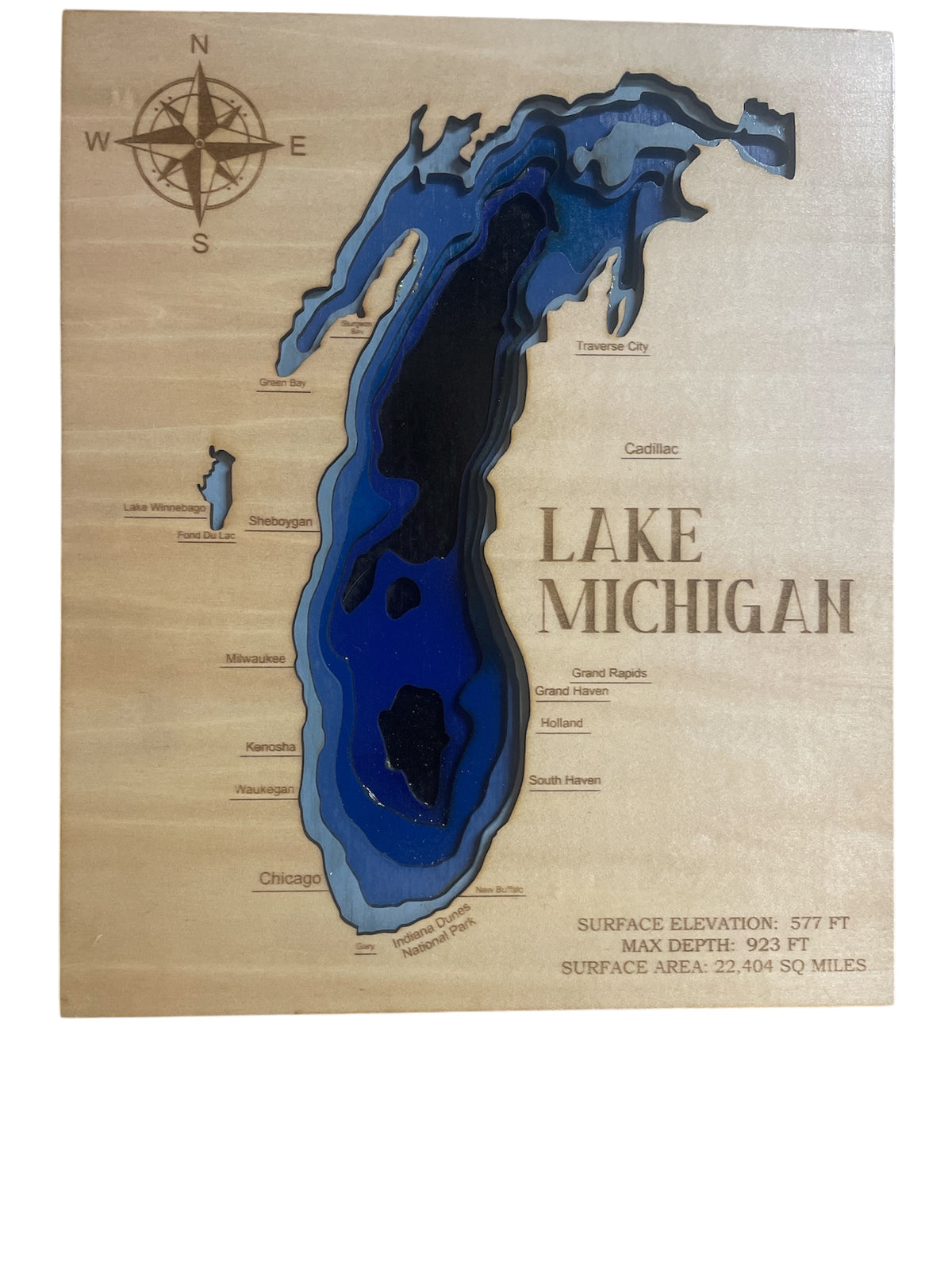 Lake Michigan 3D Wood Depth Map | 15" x 18" Framed 6-Layer Bathymetric Art