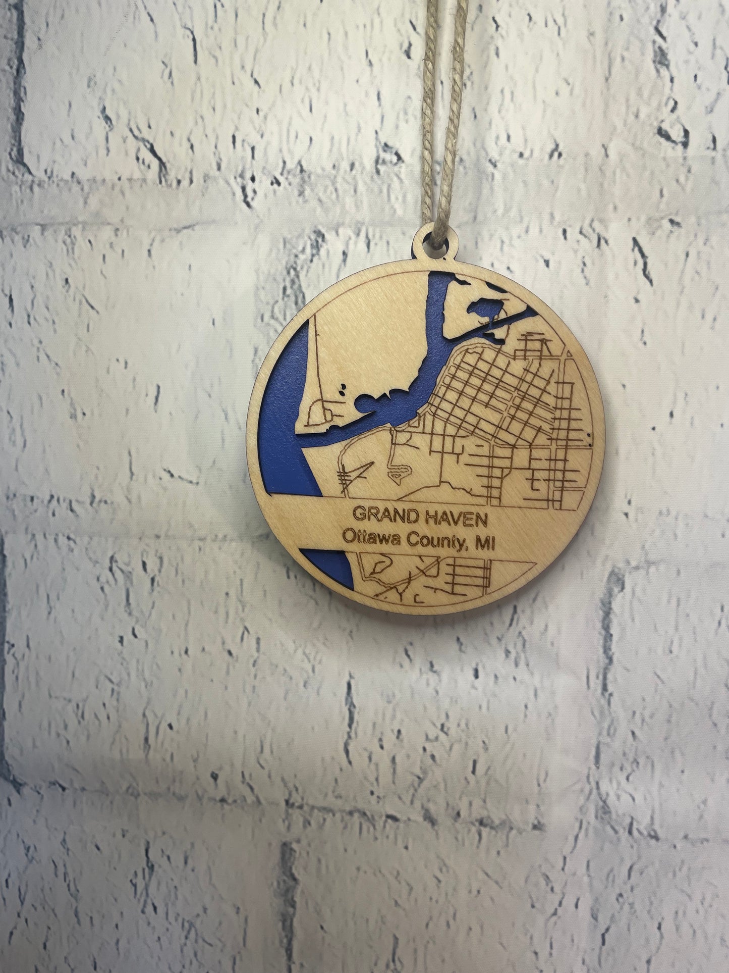 Grand Haven, Michigan 3D Laser-Cut Channel Map Ornament | 4" Wood Ornament