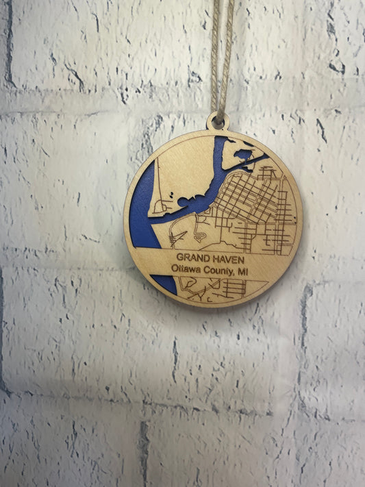 Grand Haven, Michigan 3D Laser-Cut Channel Map Ornament | 4" Wood Ornament