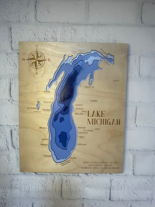 Lake Michigan 3D Wood Depth Map | 15" x 18" Framed 6-Layer Bathymetric Art