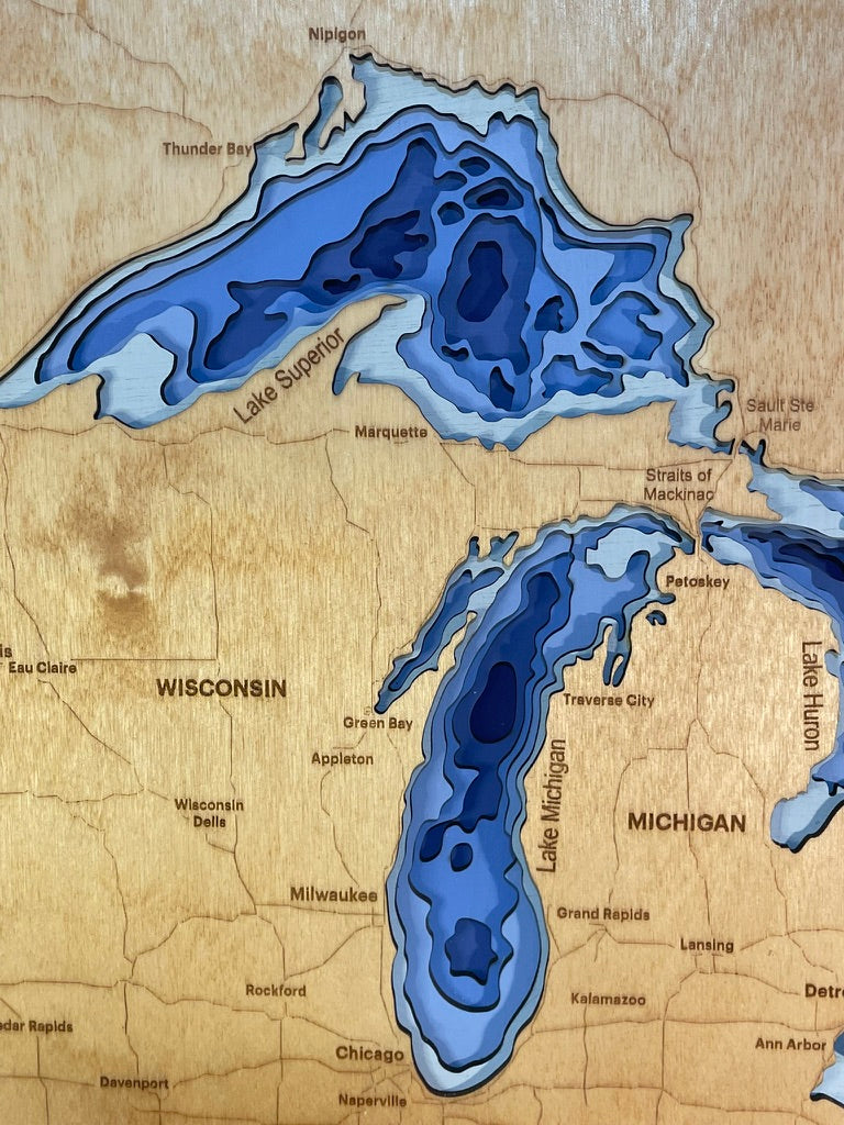 Great Lakes 3D Wood Depth Map | 15" x 18" Framed 6-Layer Bathymetric Art