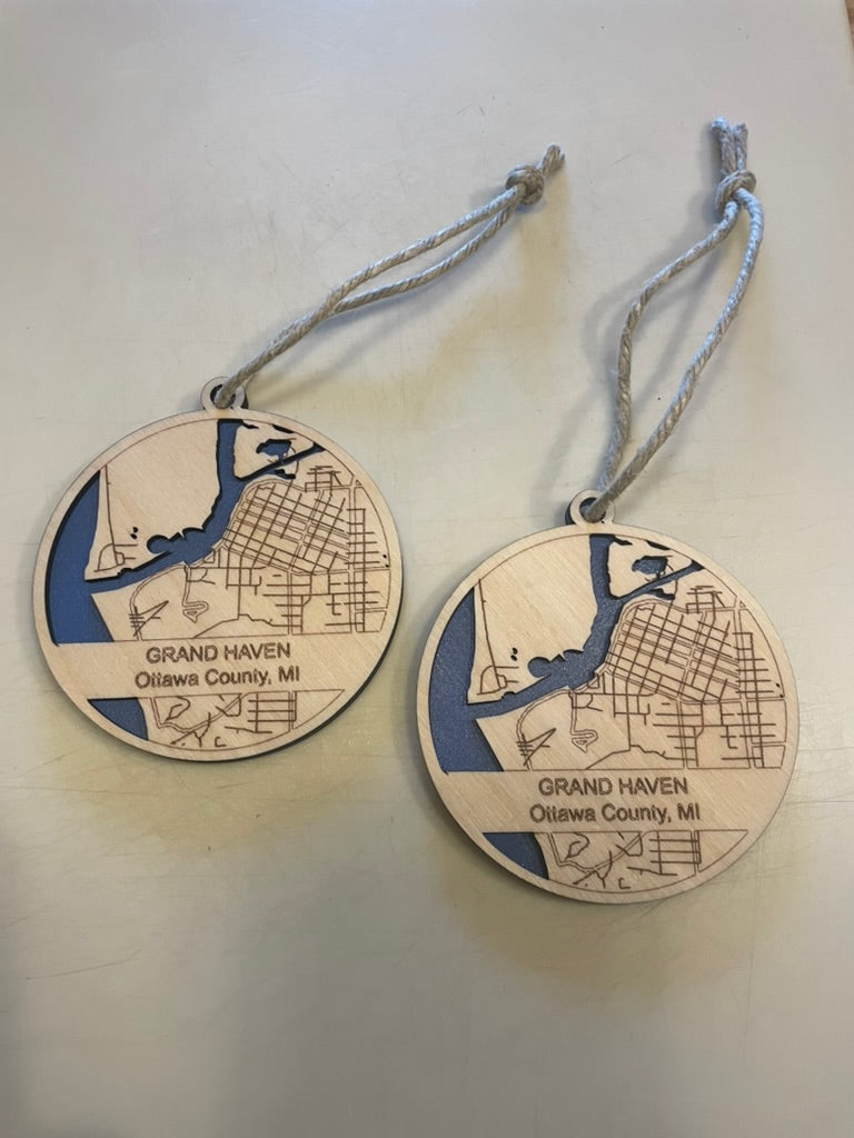Grand Haven, Michigan 3D Laser-Cut Channel Map Ornament | 4" Wood Ornament