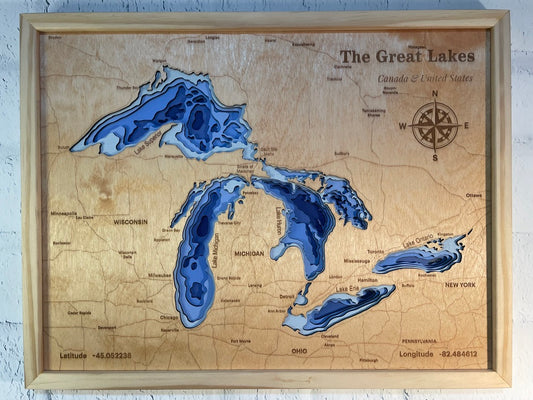Great Lakes 3D Wood Depth Map | 15" x 18" Framed 6-Layer Bathymetric Art