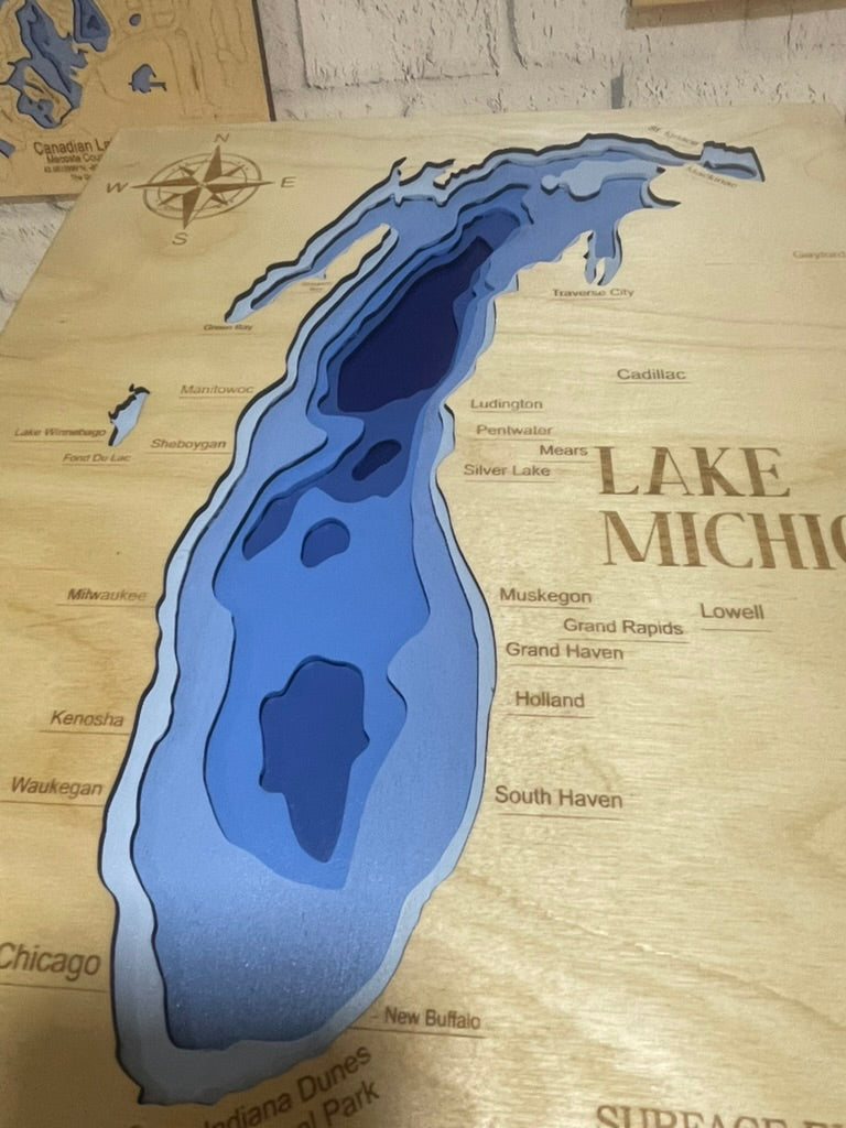 Lake Michigan 3D Wood Depth Map | 15" x 18" Framed 6-Layer Bathymetric Art