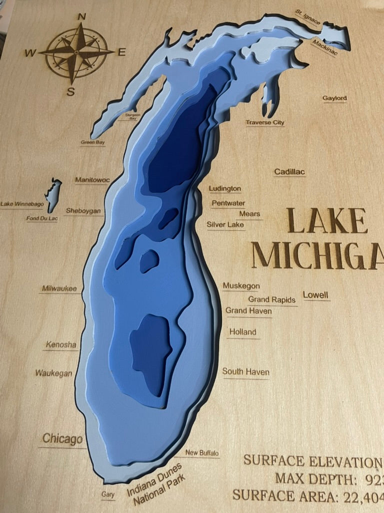 Lake Michigan 3D Wood Depth Map | 15" x 18" Framed 6-Layer Bathymetric Art
