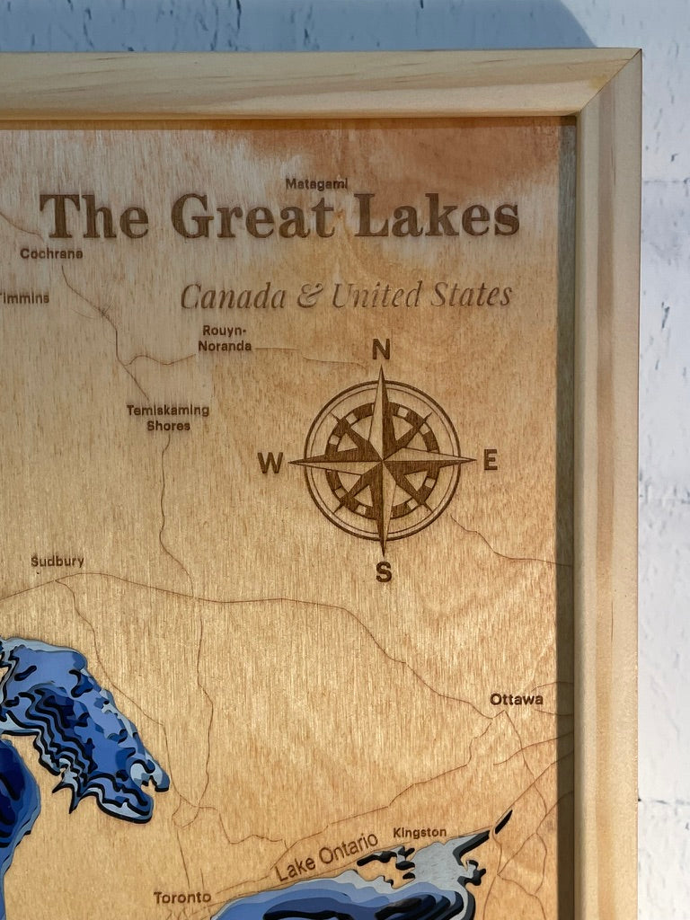 Great Lakes 3D Wood Depth Map | 15" x 18" Framed 6-Layer Bathymetric Art