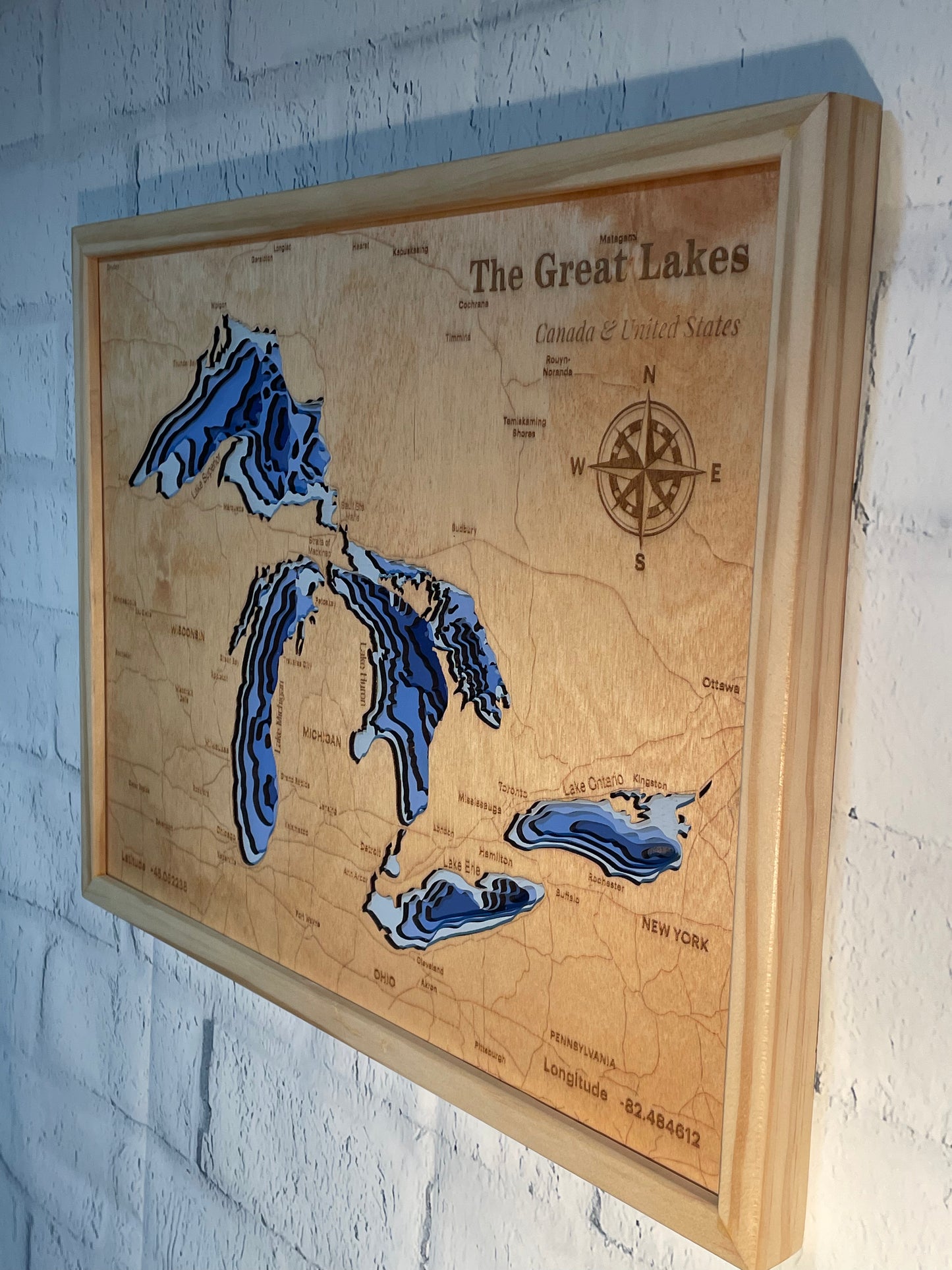 Great Lakes 3D Wood Depth Map | 15" x 18" Framed 6-Layer Bathymetric Art