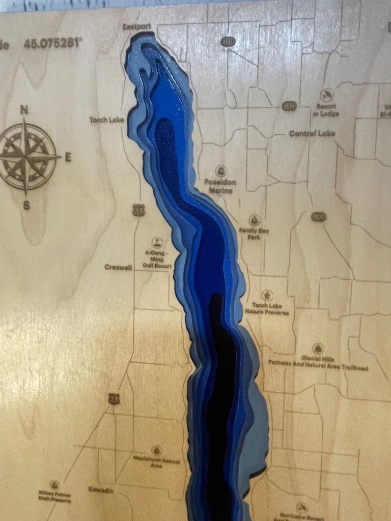 Torch Lake, Michigan 3D Wood Depth Map | Laser-Cut Multi-Layer Bathymetric Art