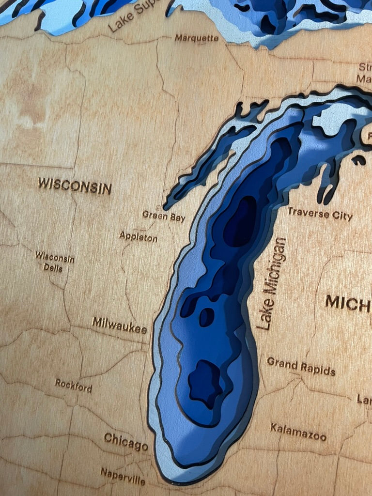 Lake Michigan 3D Wood Depth Map | 15" x 18" Framed 6-Layer Bathymetric Art