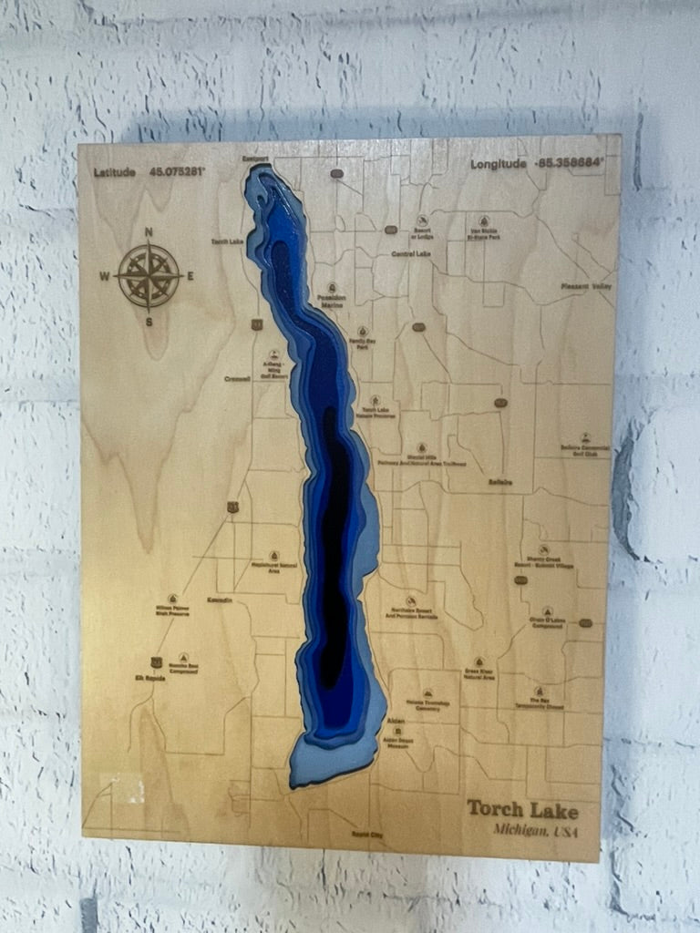 Torch Lake, Michigan 3D Wood Depth Map | Laser-Cut Multi-Layer Bathymetric Art