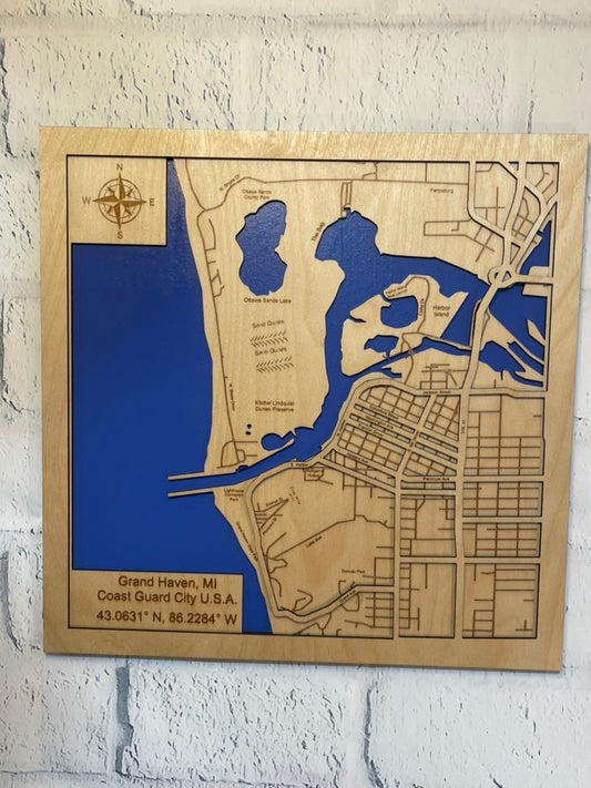 Grand Haven, Michigan 3D Wood Map | 15" x 15" Framed Channel & City Street Grid Art