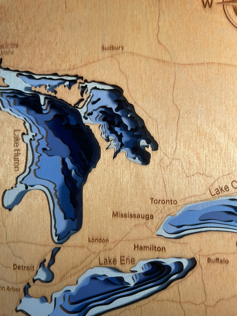 Great Lakes 3D Wood Depth Map | 15" x 18" Framed 6-Layer Bathymetric Art