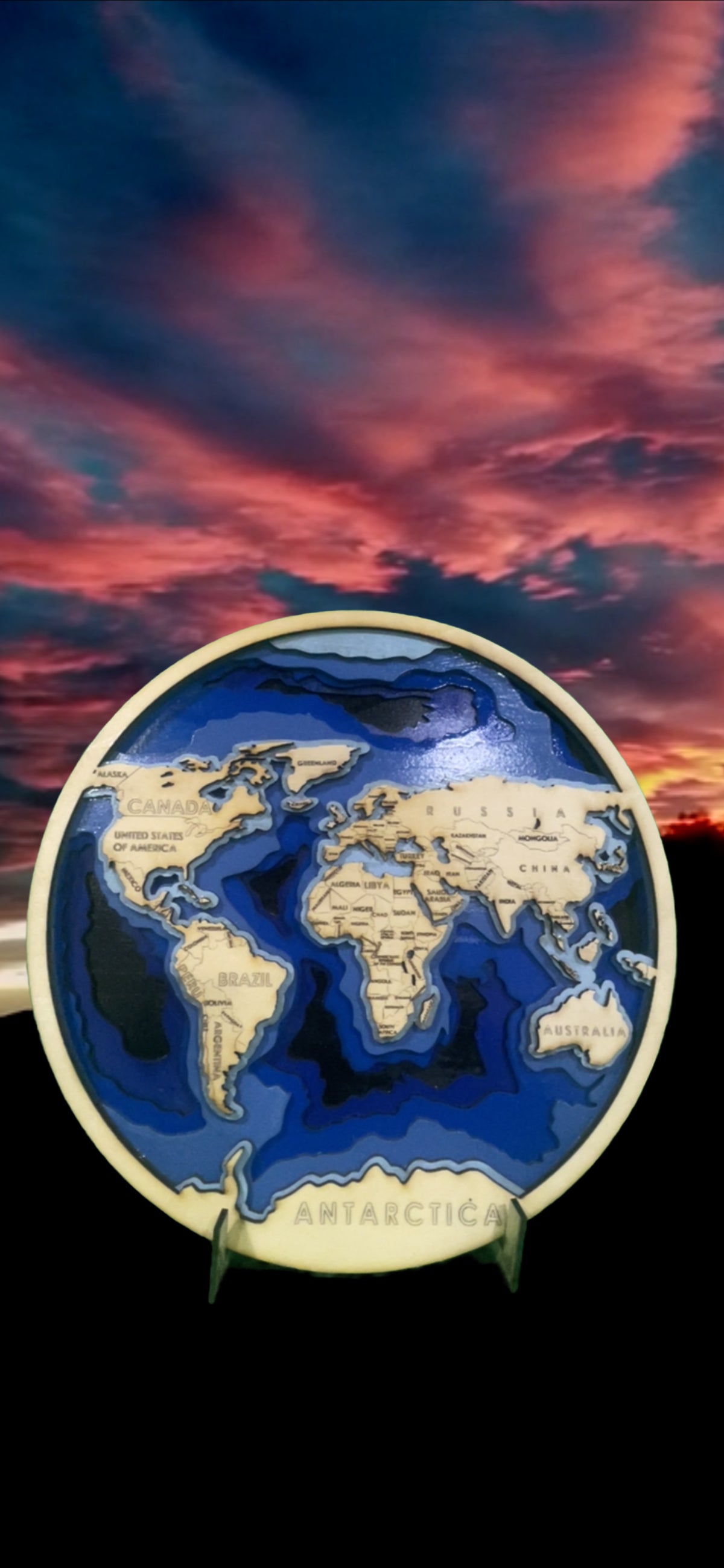 3D Wood World Map | Round Laser-Cut Multi-Layer Ocean Bathymetric Wall Art