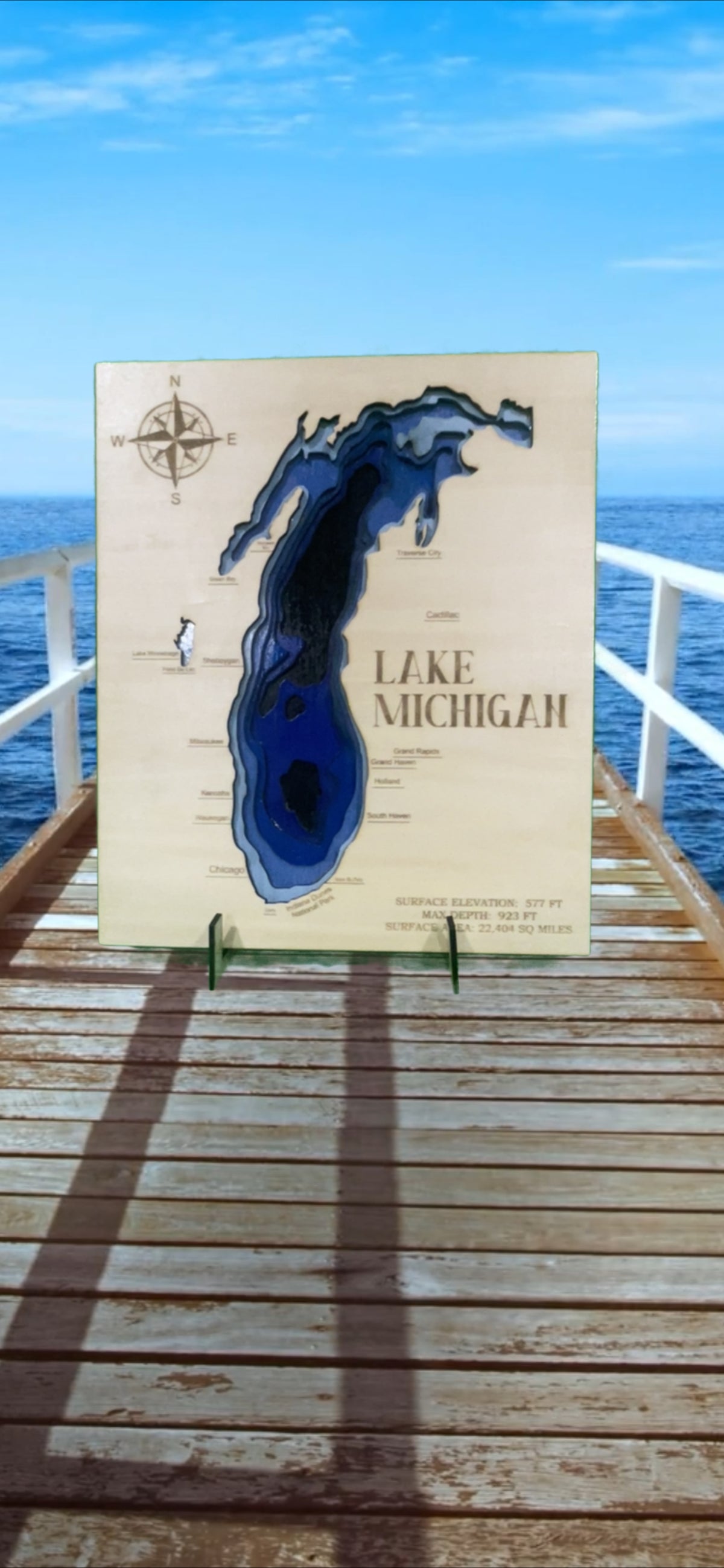 Lake Michigan 3D Wood Depth Map | 15" x 18" Framed 6-Layer Bathymetric Art