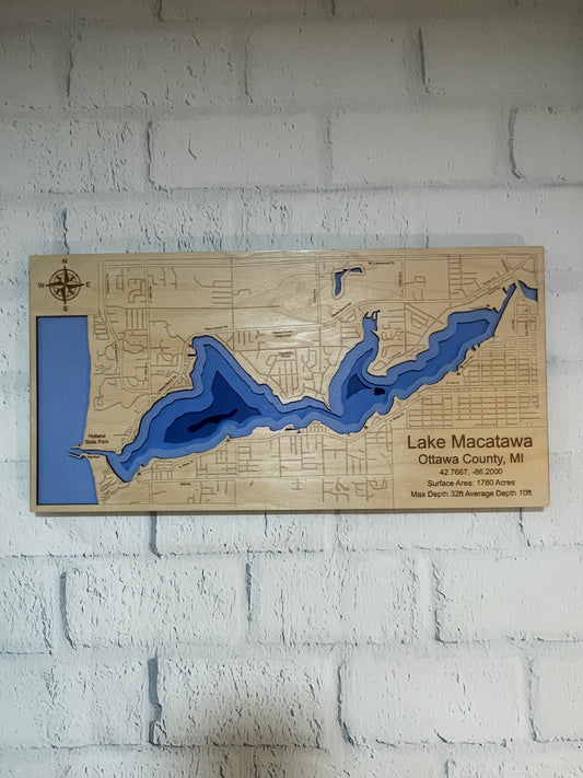 Lake Macatawa, Holland MI 3D Wood Depth Map | 12" x 22" Framed 5-Layer Bathymetric Art