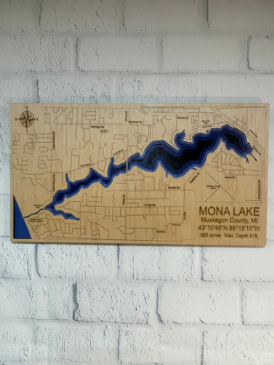 Mona Lake, Michigan 3D Wood Depth Map | 12" x 22" Framed 5-Layer Bathymetric Art