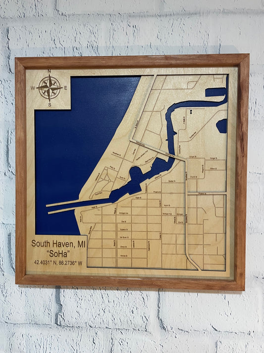 South Haven, Michigan 3D Wood Map | 15" x 15" Framed River Channel & City Street Grid Art